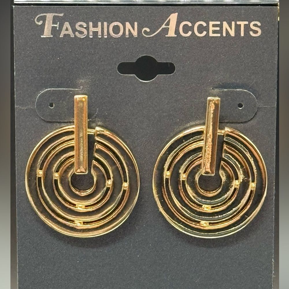 Gold Tone Multi Rings Dangle Post Earrings 1.5 inch - Picture 1 of 5